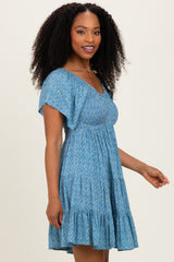 Blue V Neck Smocked Bust Short Sleeve Short Dress