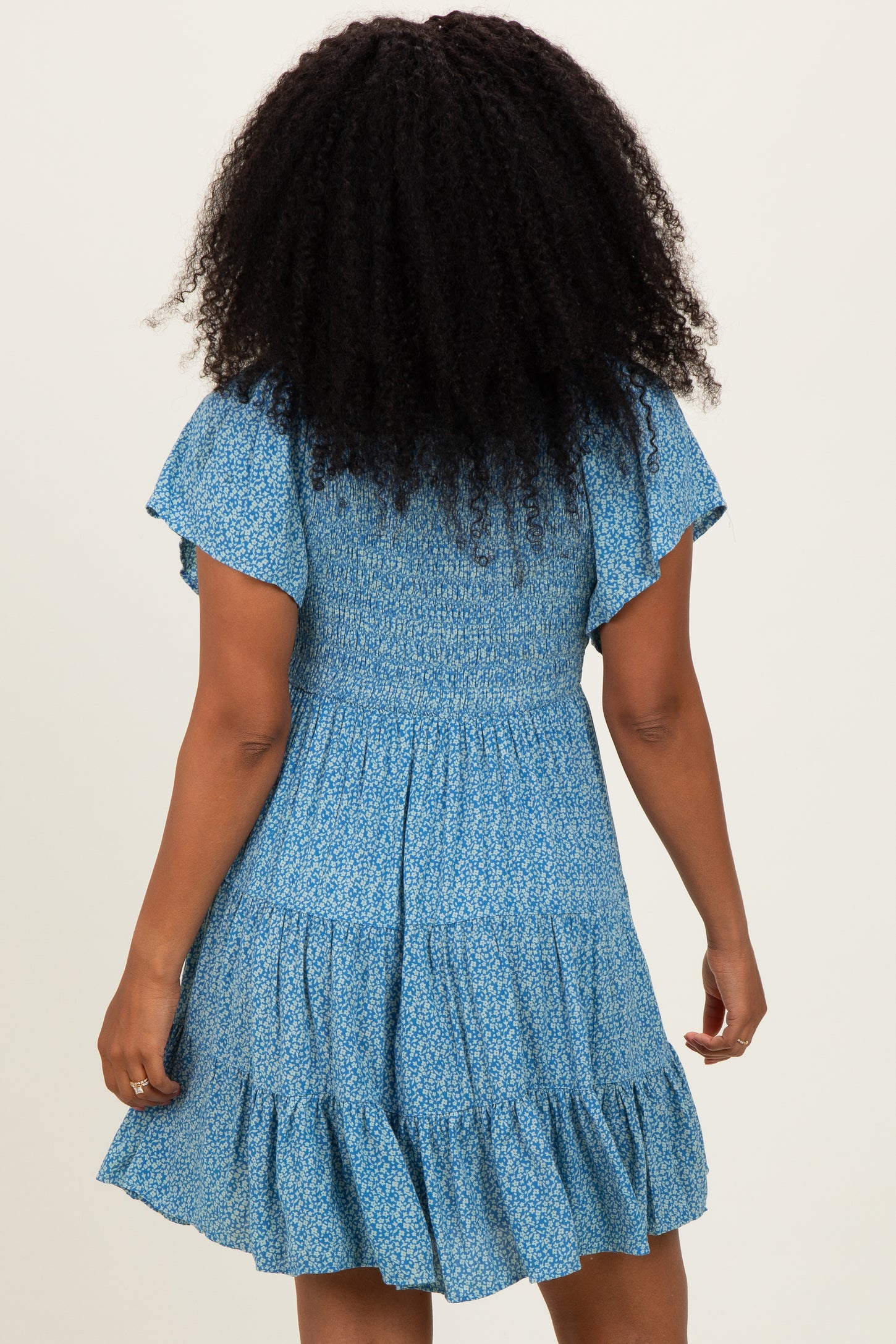 Blue V Neck Smocked Bust Short Sleeve Short Dress
