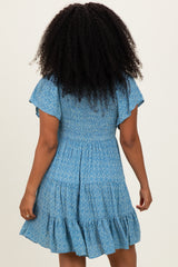 Blue V Neck Smocked Bust Short Sleeve Short Dress