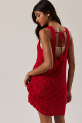 Red Boat Neck Sleeveless Crochet Dress