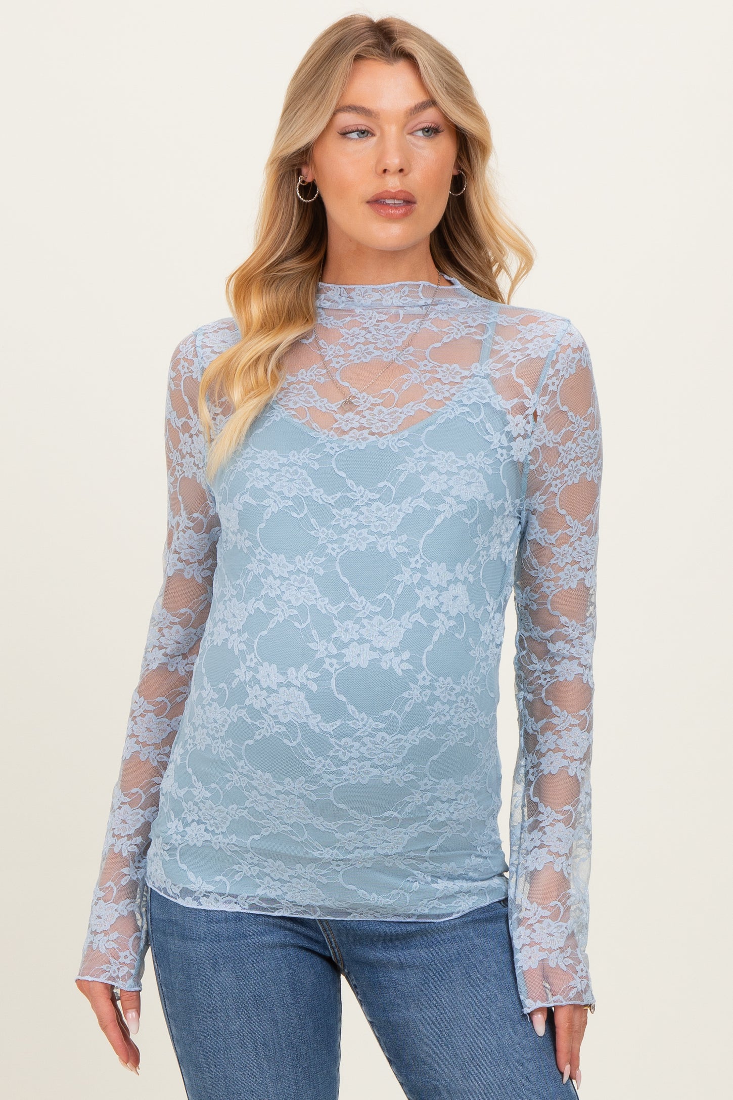 Light Blue Long Sleeve Floral Mesh Lace Semi Sheer Maternity Top