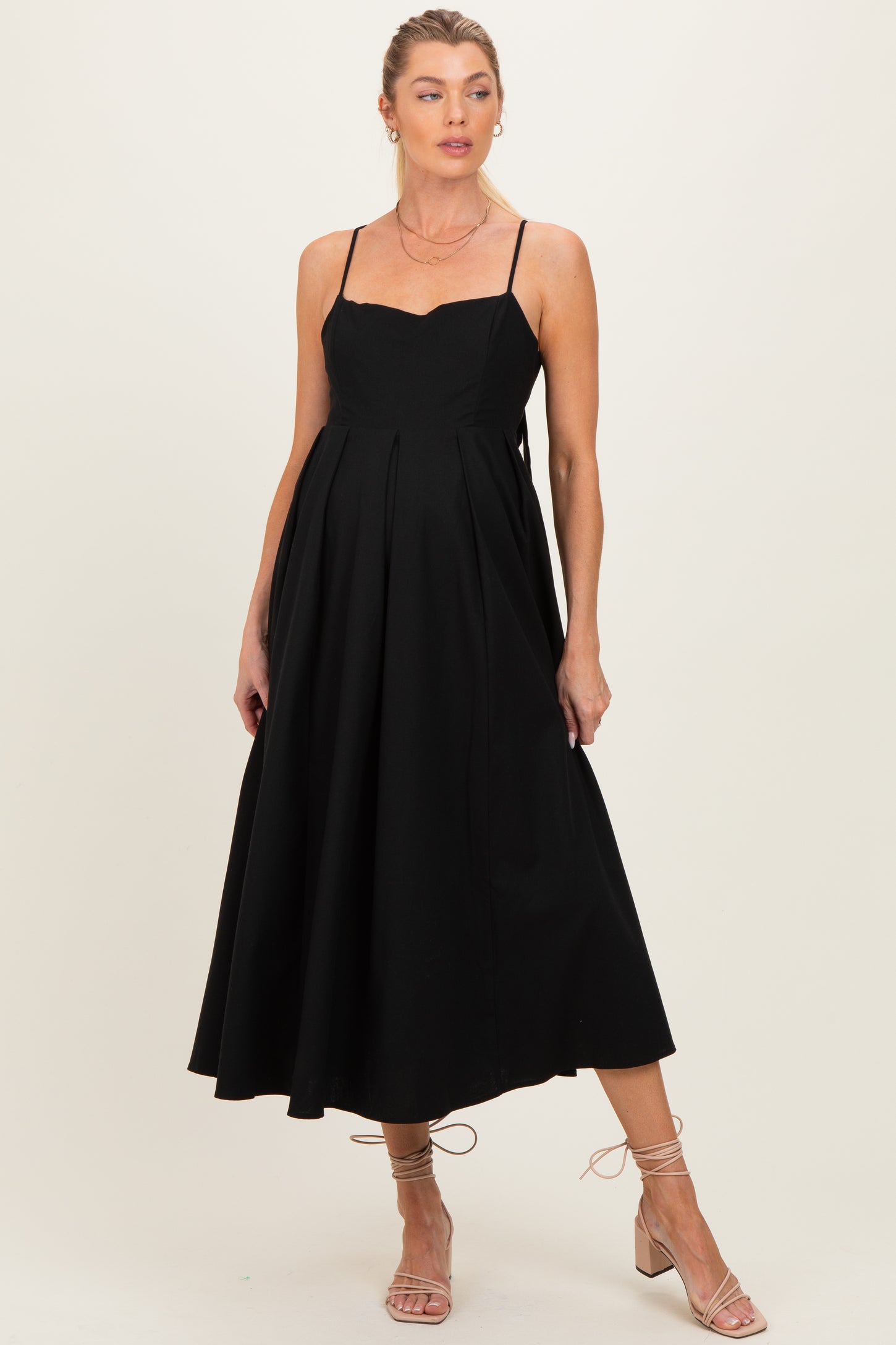 Black Linen Sleeveless Tie Back Flared Maternity Midi Dress