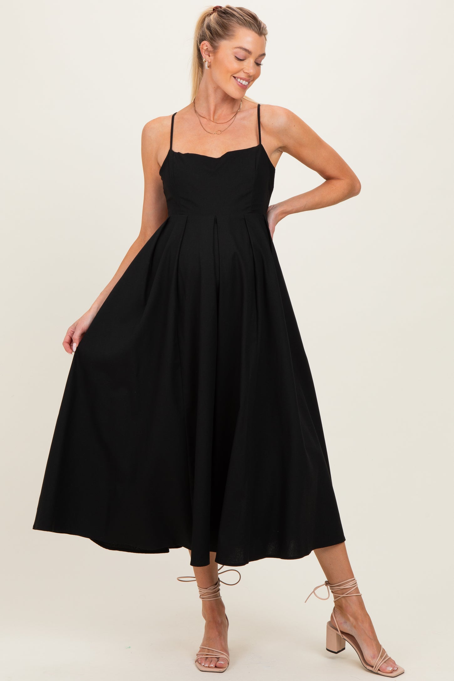 Black Linen Sleeveless Tie Back Flared Maternity Midi Dress
