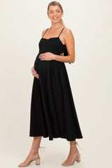 Black Linen Sleeveless Tie Back Flared Maternity Midi Dress