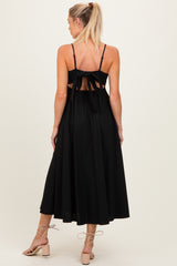 Black Linen Sleeveless Tie Back Flared Maternity Midi Dress