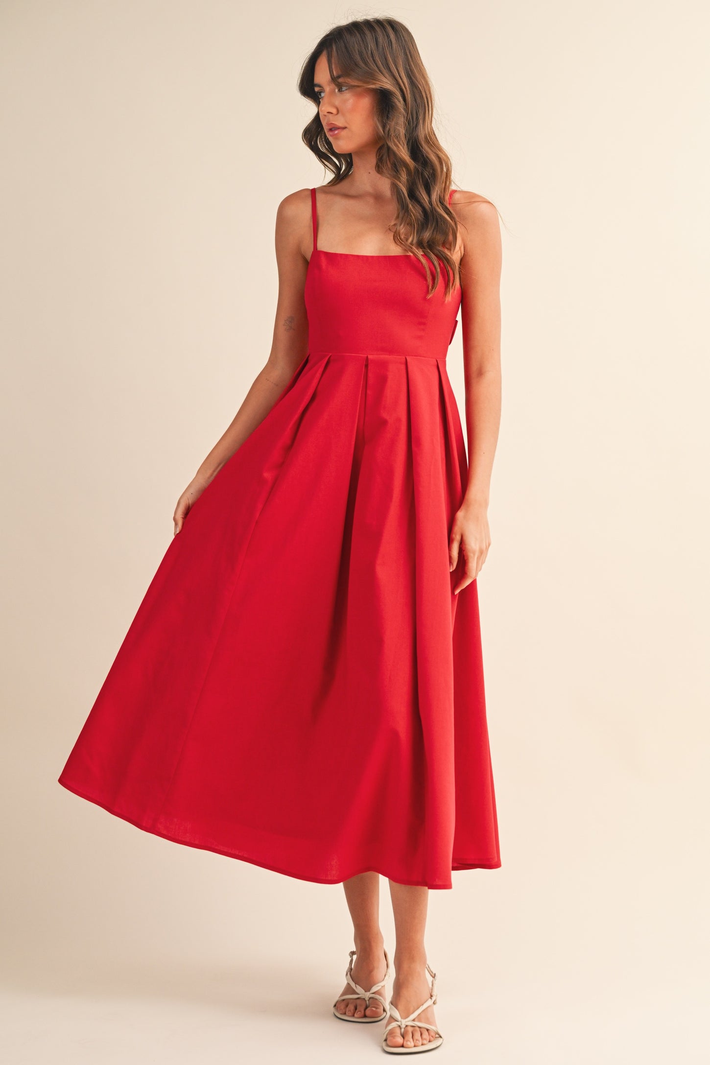 Red Linen Sleeveless Tie Back Flared Midi Dress