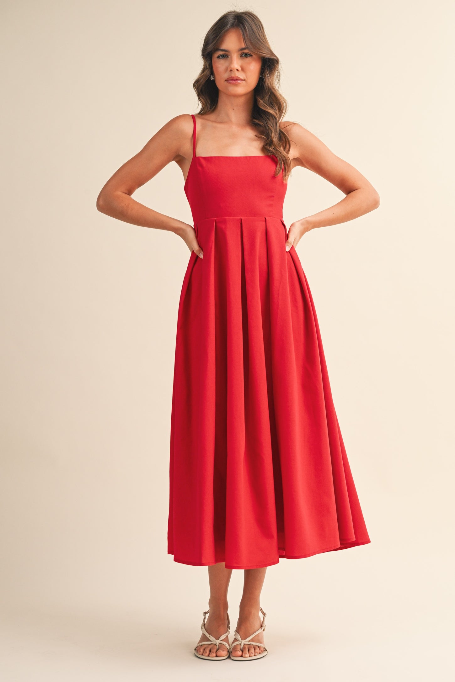 Red Linen Sleeveless Tie Back Flared Midi Dress