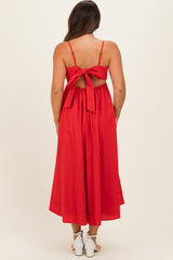 Red Linen Sleeveless Tie Back Flared Maternity Midi Dress