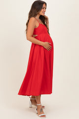 Red Linen Sleeveless Tie Back Flared Maternity Midi Dress
