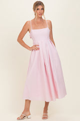 Light Pink Linen Sleeveless Tie Back Flared Midi Dress