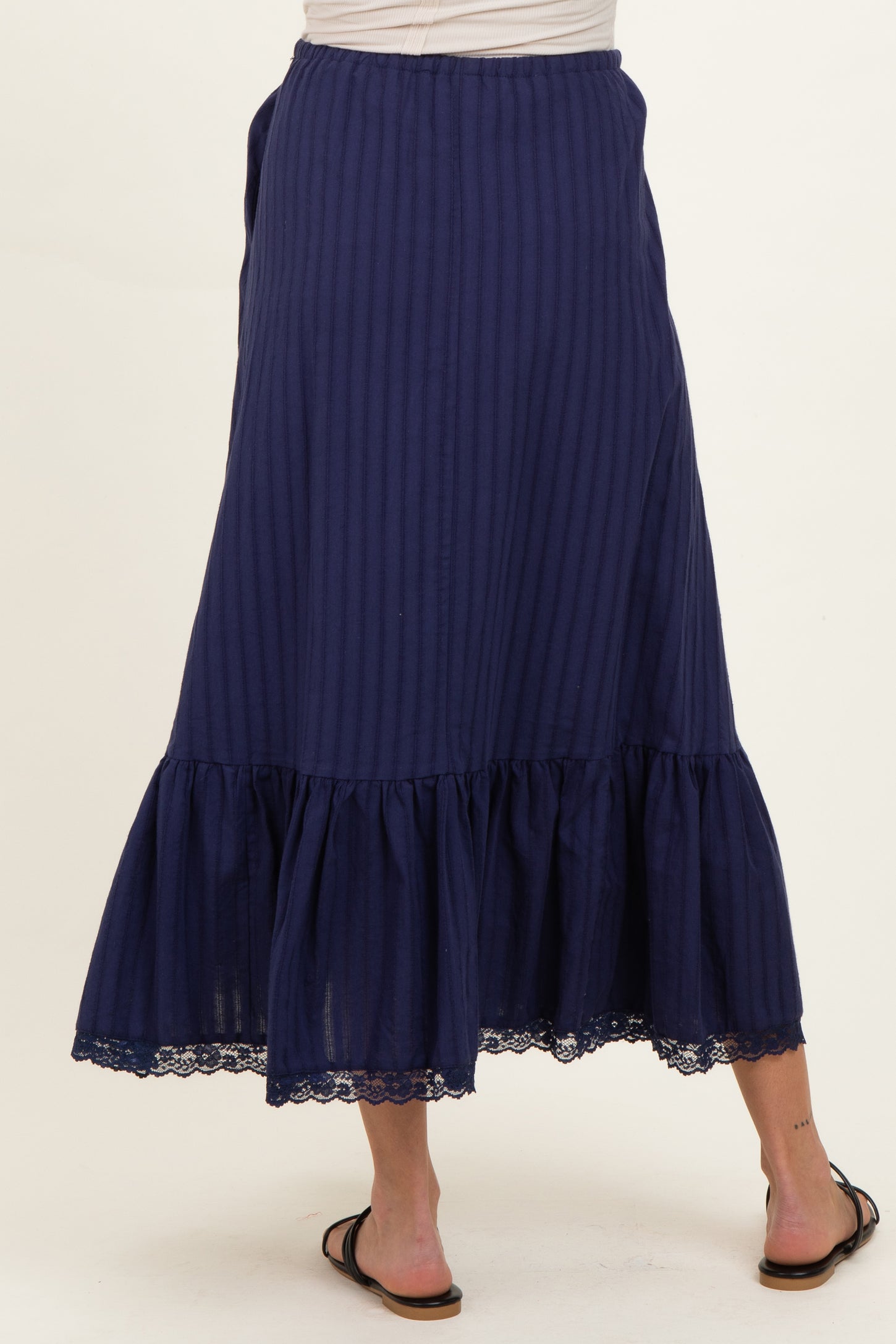 Navy Striped Lace Trim Maternity Midi Skirt