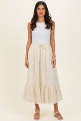 Light Yellow Print Lace Trim Midi Skirt