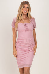 Pink Polka Dot Mesh Square Neck Puff Sleeve Dress