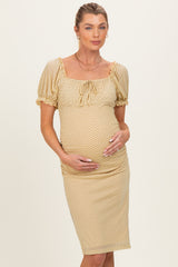 Yellow Polka Dot Mesh Square Neck Puff Sleeve Maternity Dress