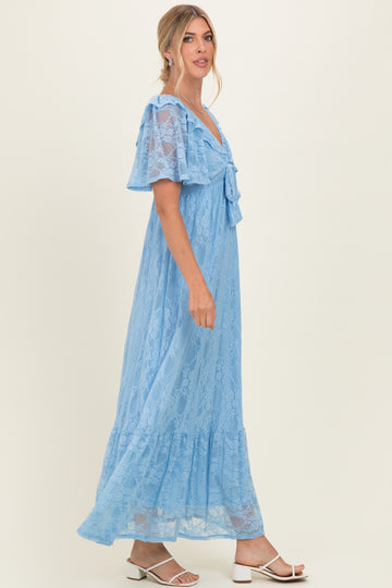 Light Blue Lace Flutter Sleeve Tiered Maxi Dress
