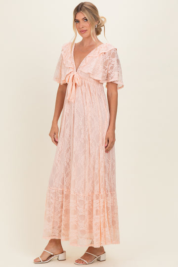 Peach Lace Flutter Sleeve Tiered Maxi Dress