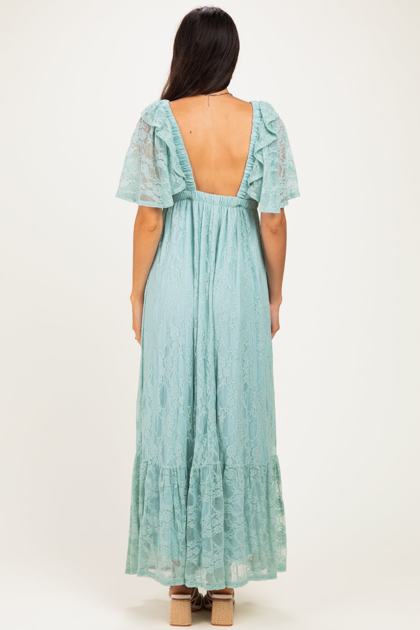 Sage Aqua Lace Flutter Sleeve Tiered Maxi Dress