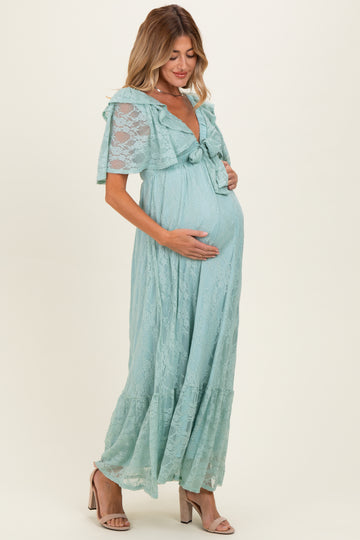 Sage Aqua Lace Flutter Sleeve Tiered Maternity Maxi Dress