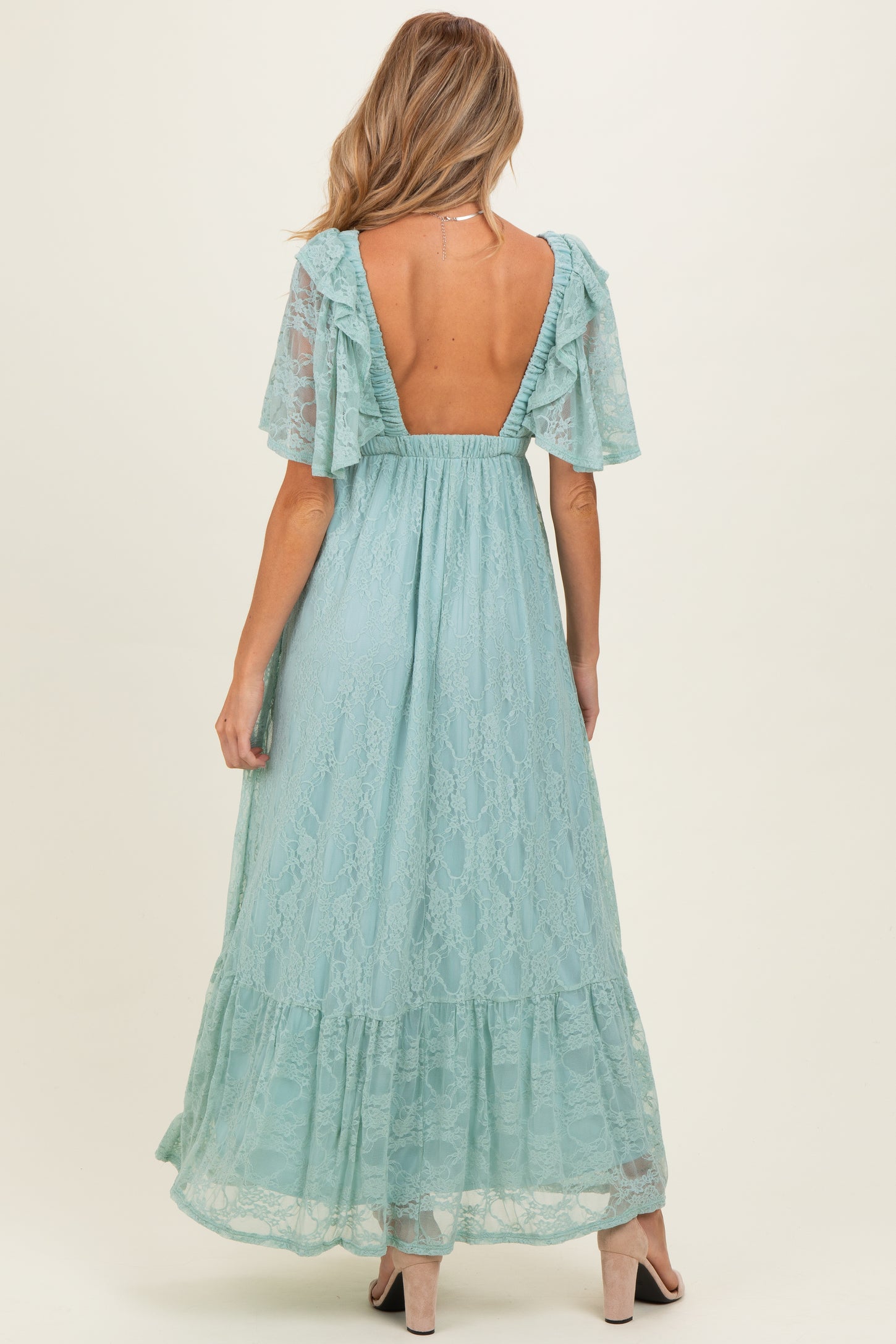 Sage Aqua Lace Flutter Sleeve Tiered Maternity Maxi Dress