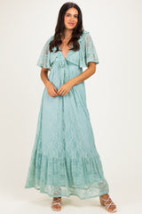 Sage Aqua Lace Flutter Sleeve Tiered Maxi Dress