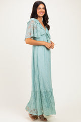 Sage Aqua Lace Flutter Sleeve Tiered Maxi Dress