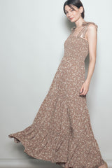 Mocha Floral Shoulder Tie Maxi Dress
