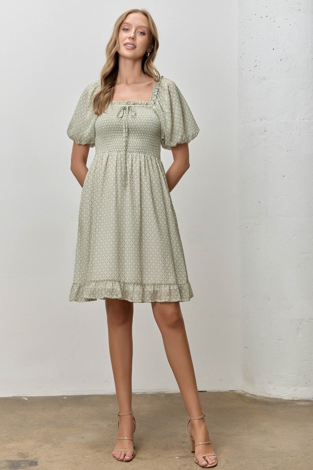 Sage Printed Smocked Ruffle Accent Maternity Dress