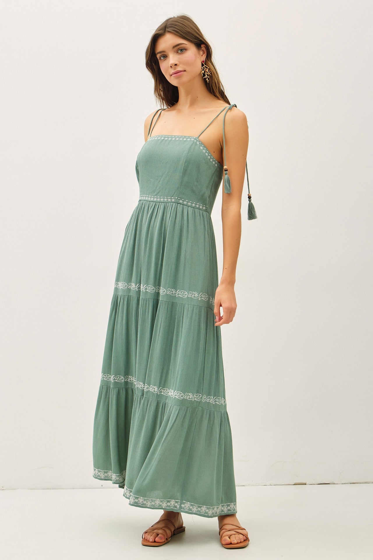 Jade Embroidered Tiered Maxi Dress