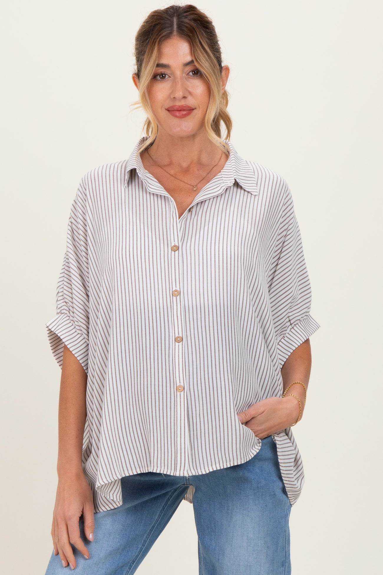 Brown Striped Boxy Button Down Maternity Top