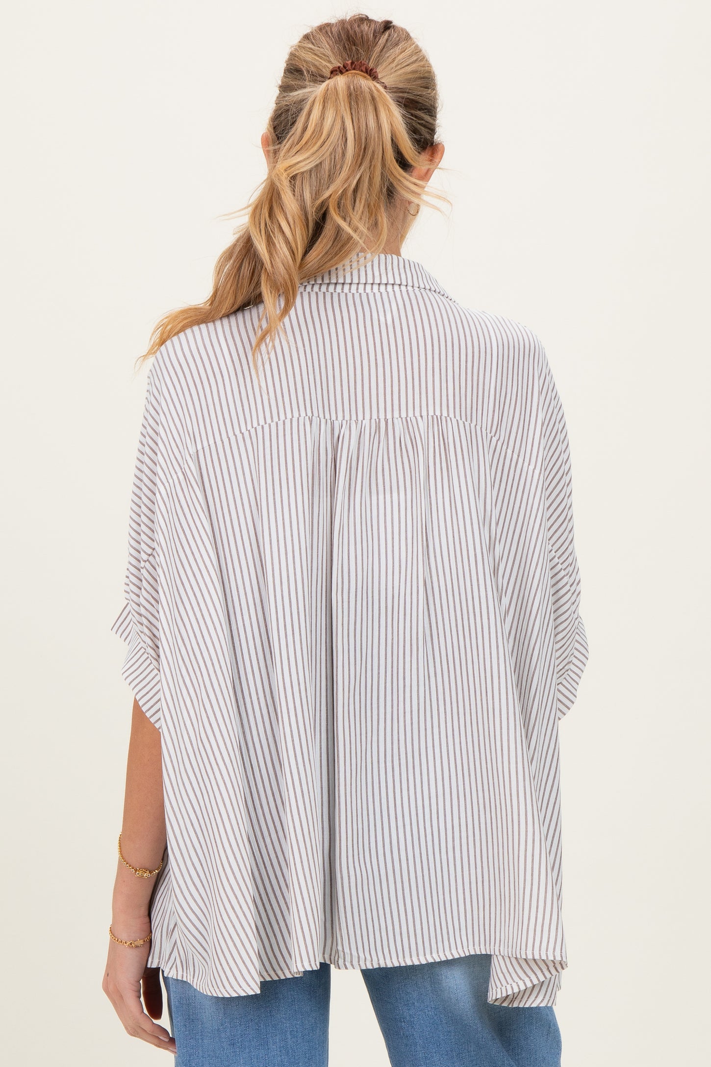 Brown Striped Boxy Button Down Maternity Top