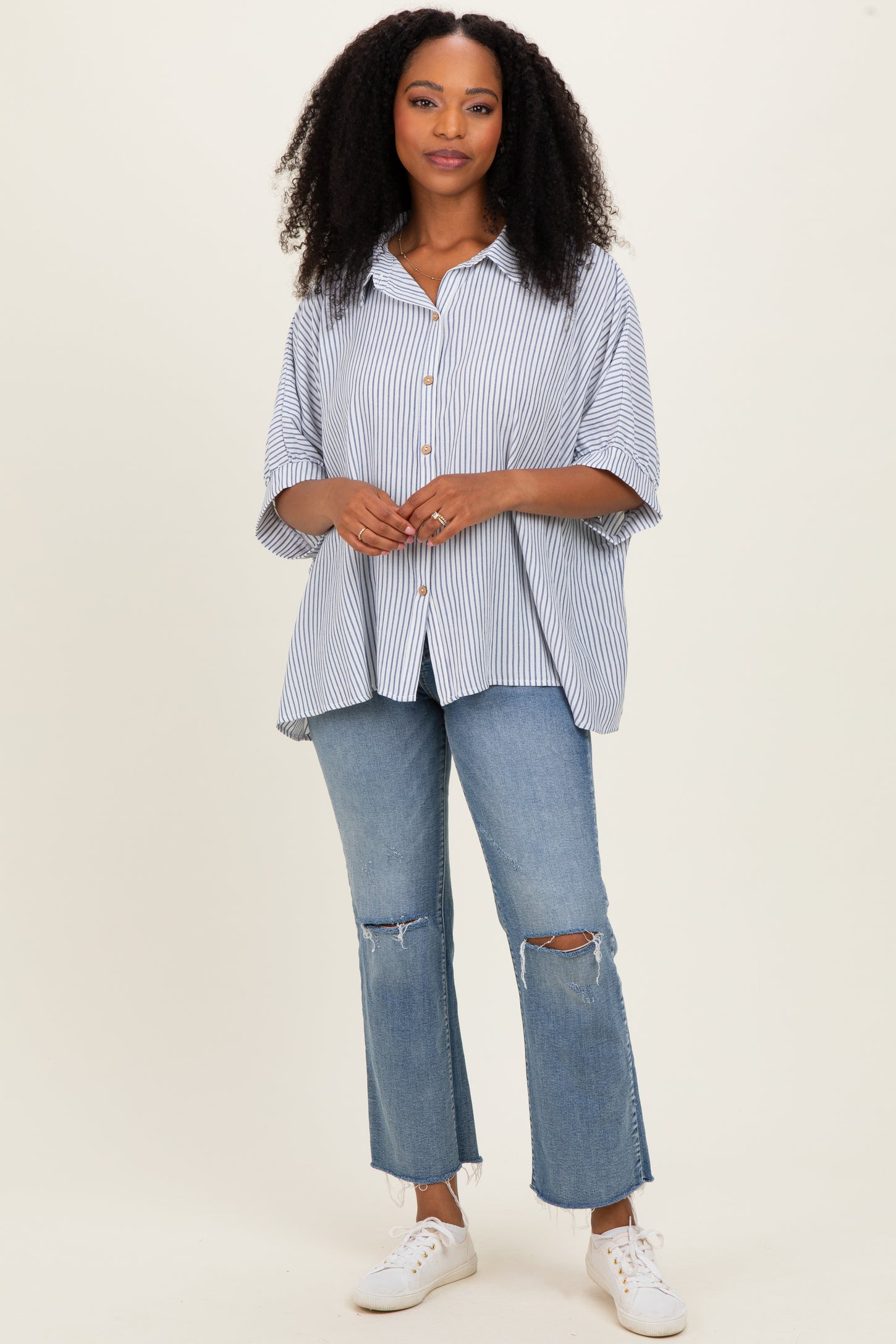 Blue Striped Boxy Button Down Maternity Top