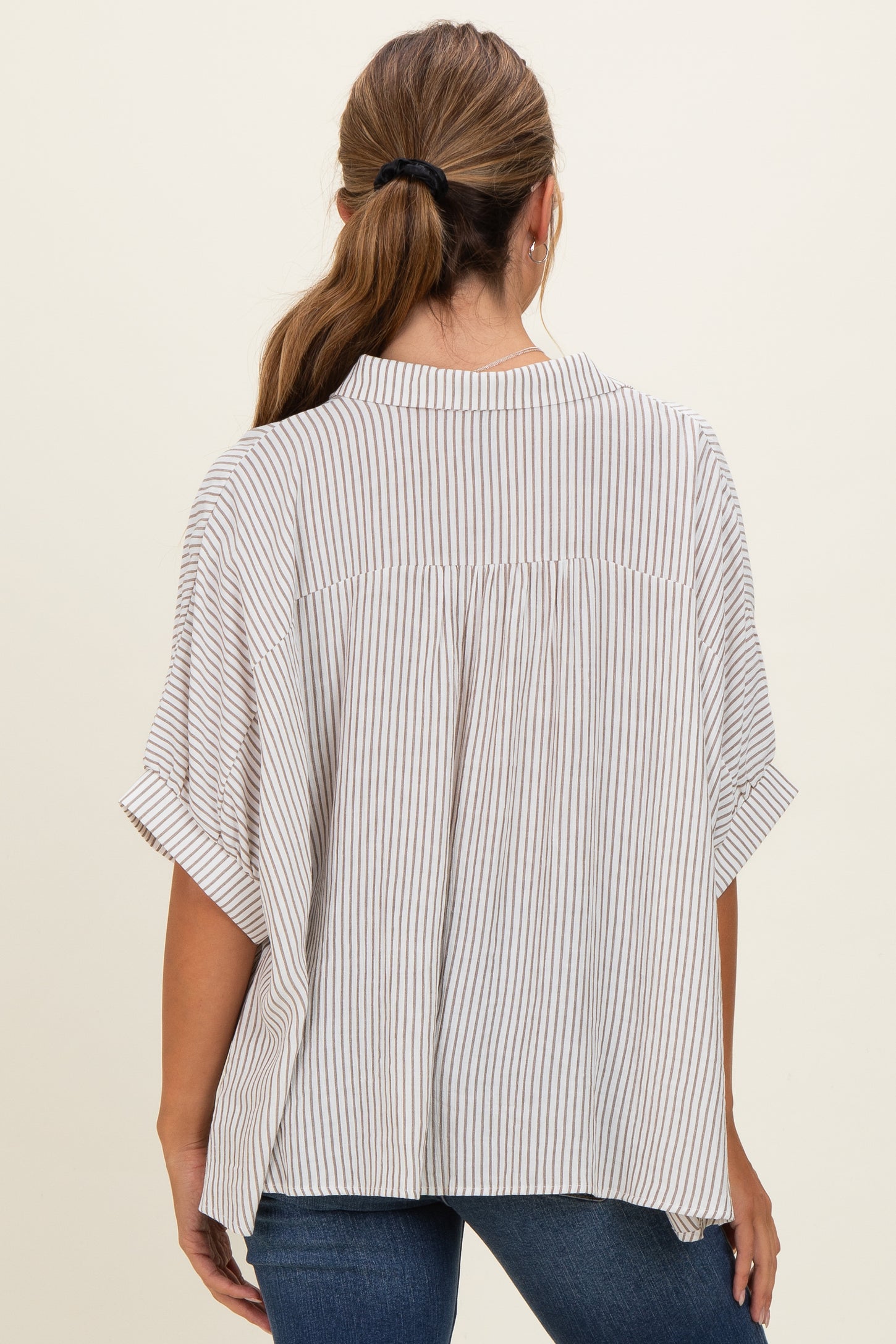 Taupe Striped Boxy Button Down Top