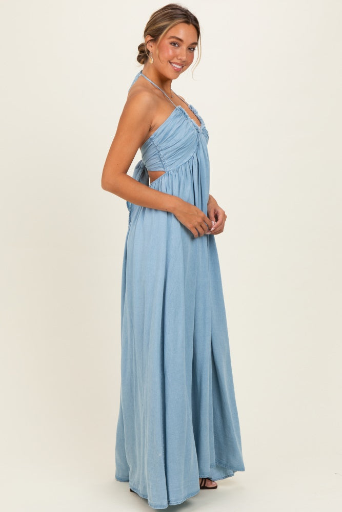 Light Blue Pleated V-Neck Maxi Dress