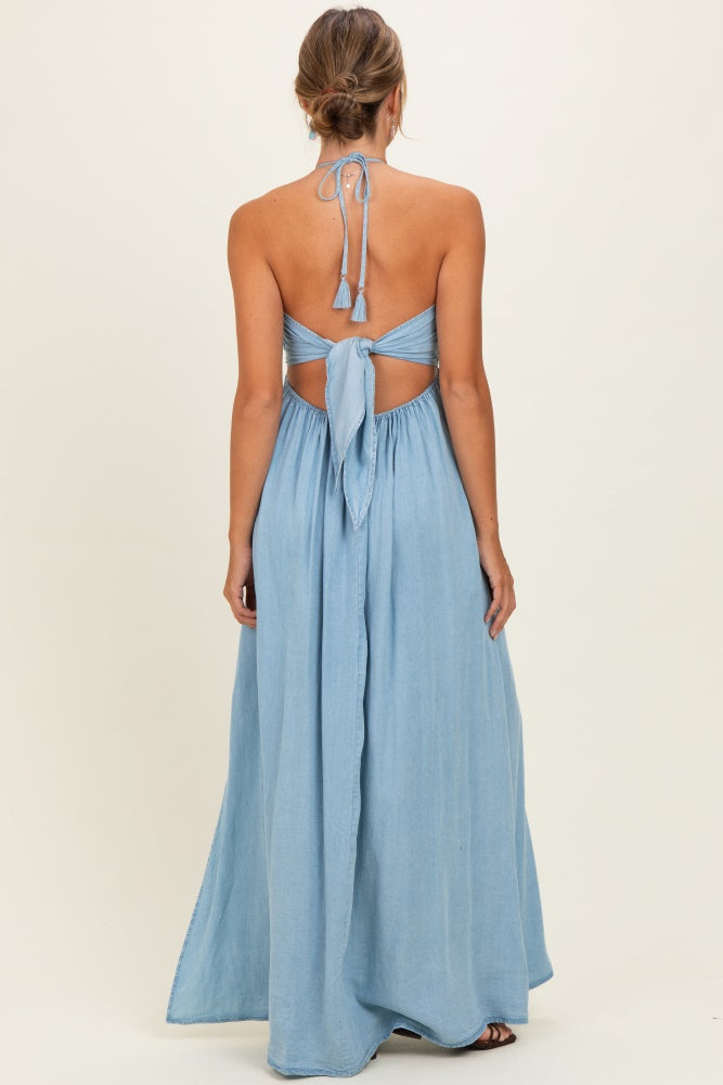 Light Blue Pleated V-Neck Maxi Dress