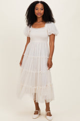 Cream Tulle Tulle Puff Sleeve Smocked Midi Dress