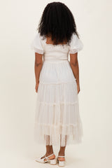 Cream Tulle Tulle Puff Sleeve Smocked Midi Dress