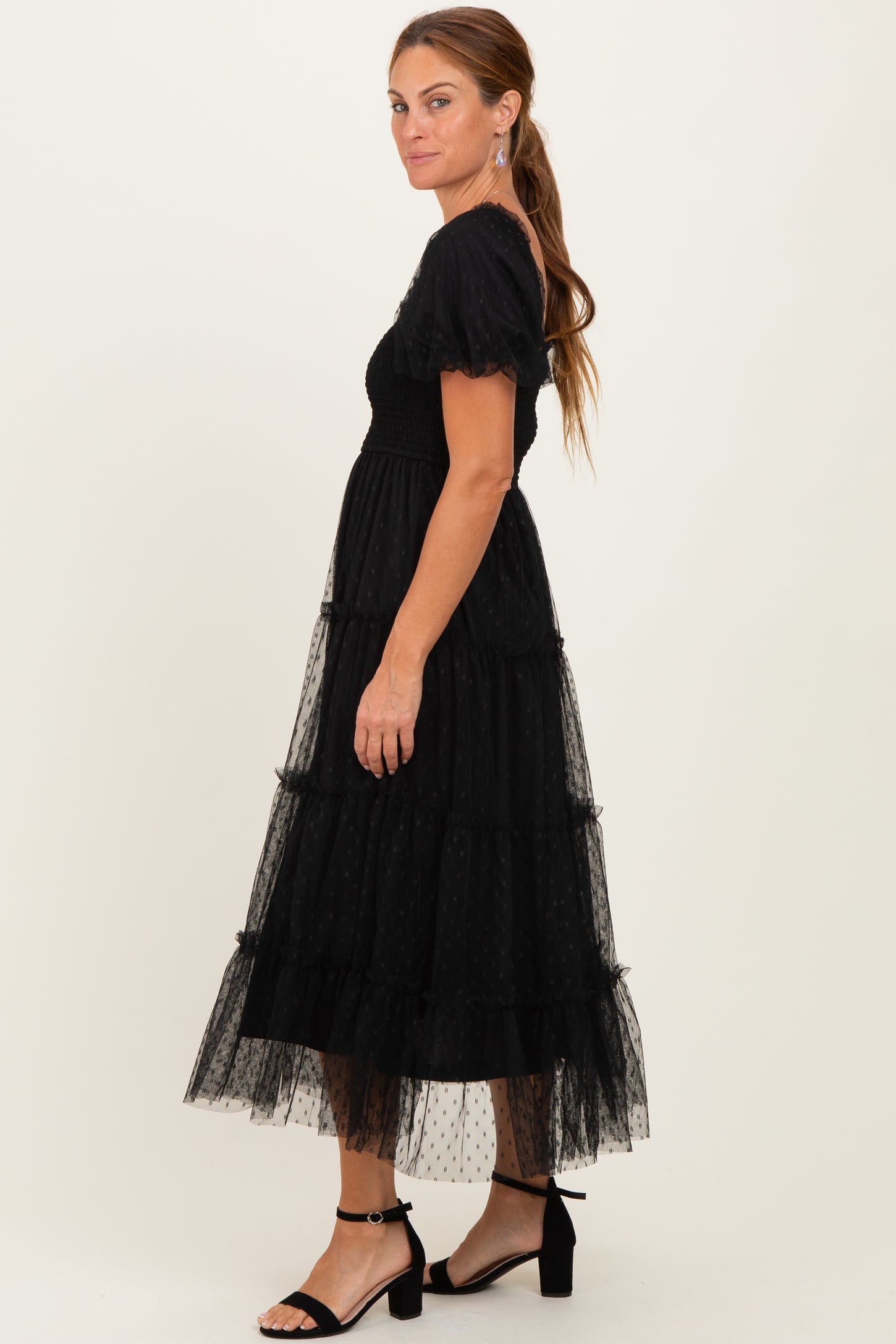 Black Tulle Puff Sleeve Smocked Midi Dress