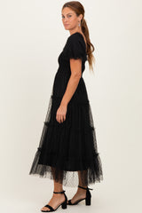Black Tulle Puff Sleeve Smocked Midi Dress