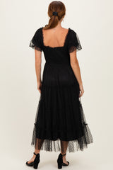 Black Tulle Puff Sleeve Smocked Midi Dress