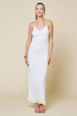 Off White Halter Textured Knit Maxi Dress