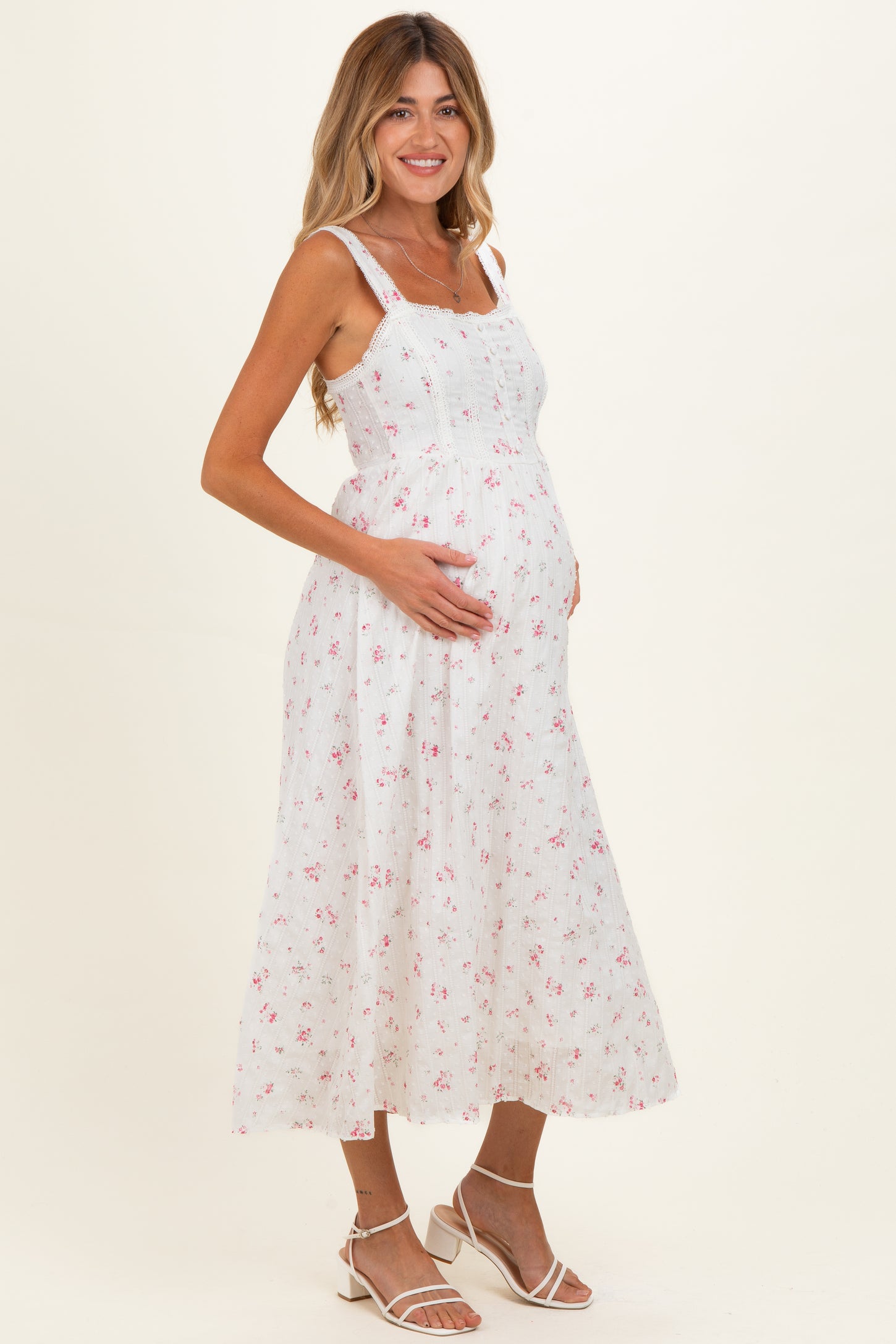 Pink Floral Lace Accent Sleeveless Maternity Maxi Dress