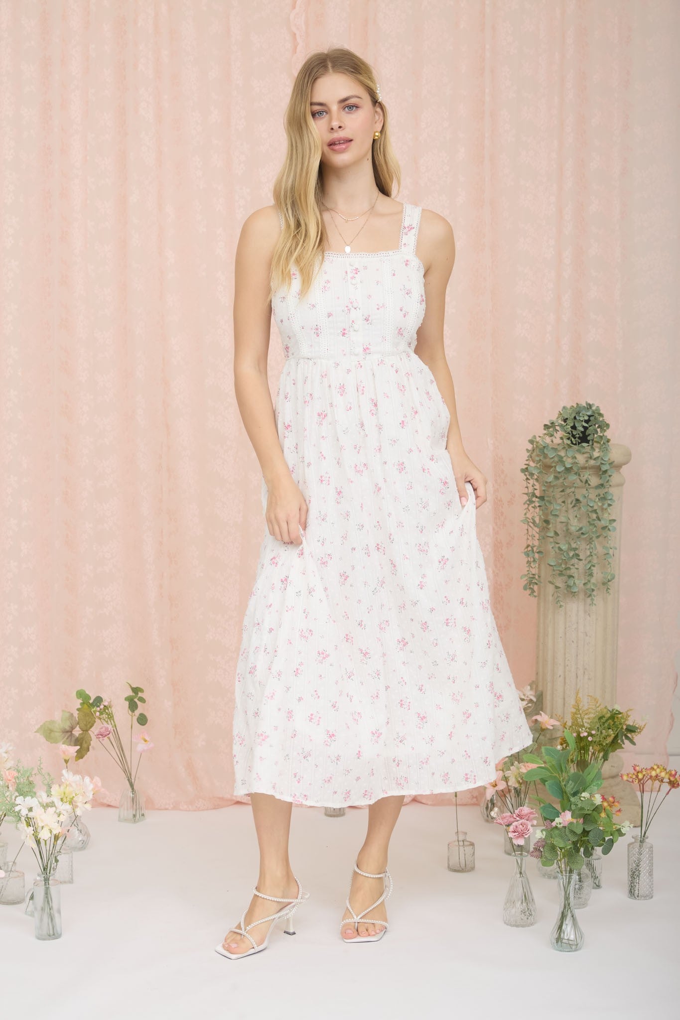 Pink Floral Lace Accent Sleeveless Maxi Dress