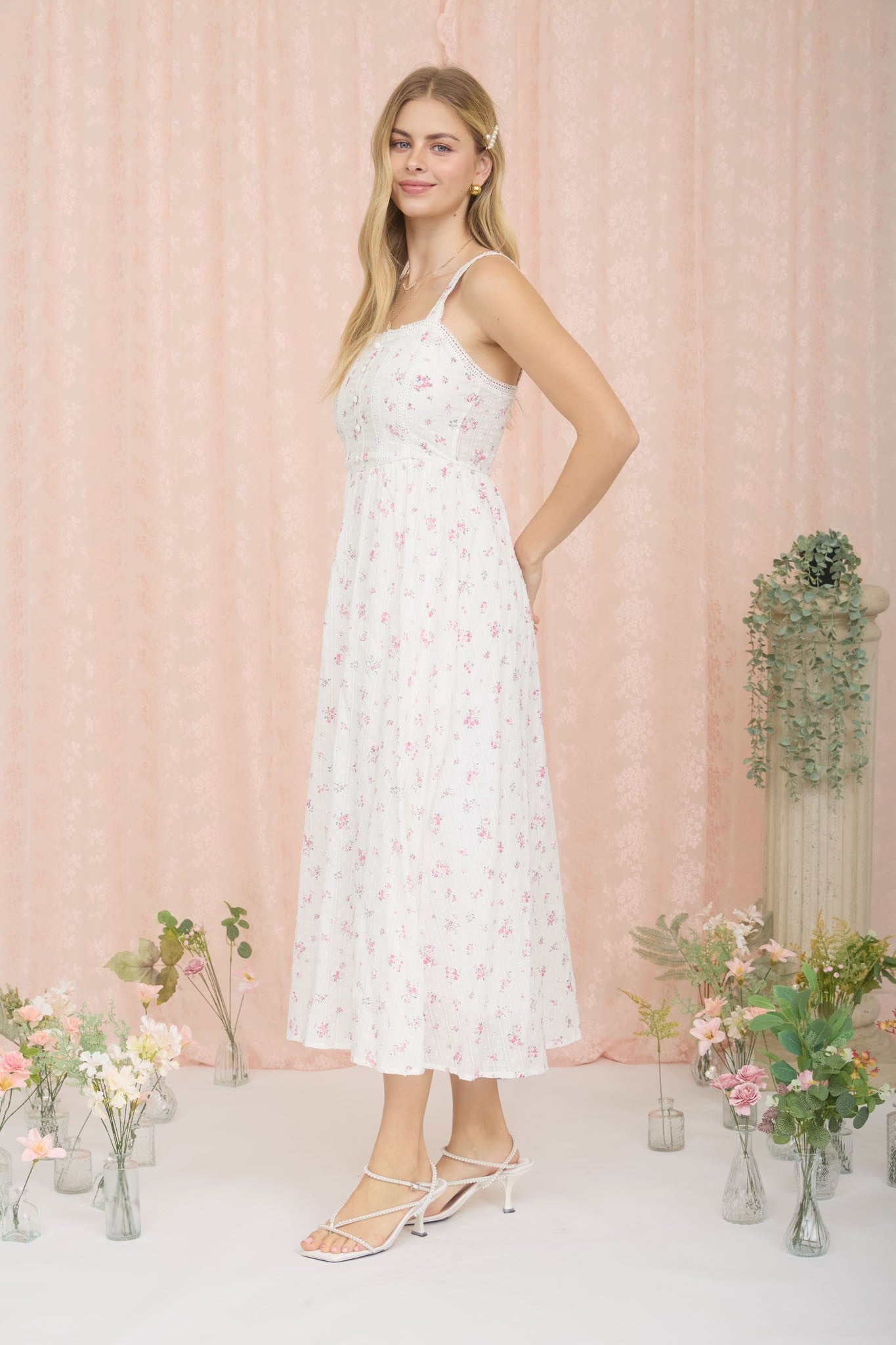 Pink Floral Lace Accent Sleeveless Maxi Dress
