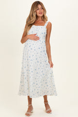 Blue Floral Lace Accent Sleeveless Maternity Maxi Dress