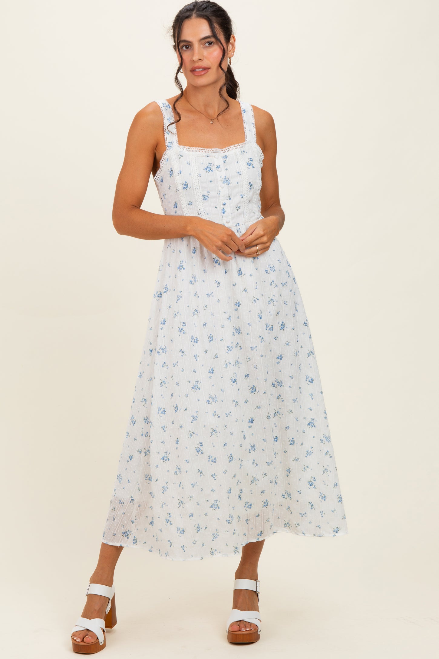 Blue Floral Lace Accent Sleeveless Maternity Maxi Dress