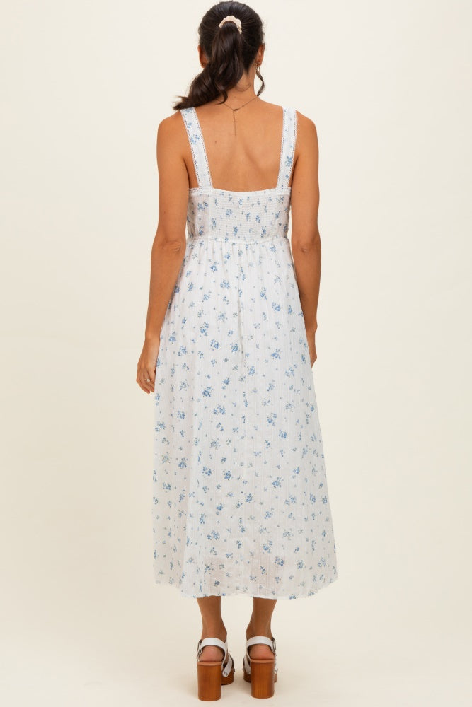 Blue Floral Lace Accent Sleeveless Maxi Dress