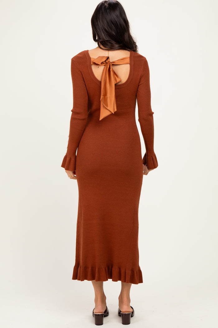 Chestnut Ribbed Knit Bow Back Maxi Dress