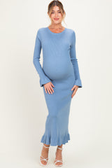 Denim Ribbed Knit Bow Back Maternity Maxi Dress