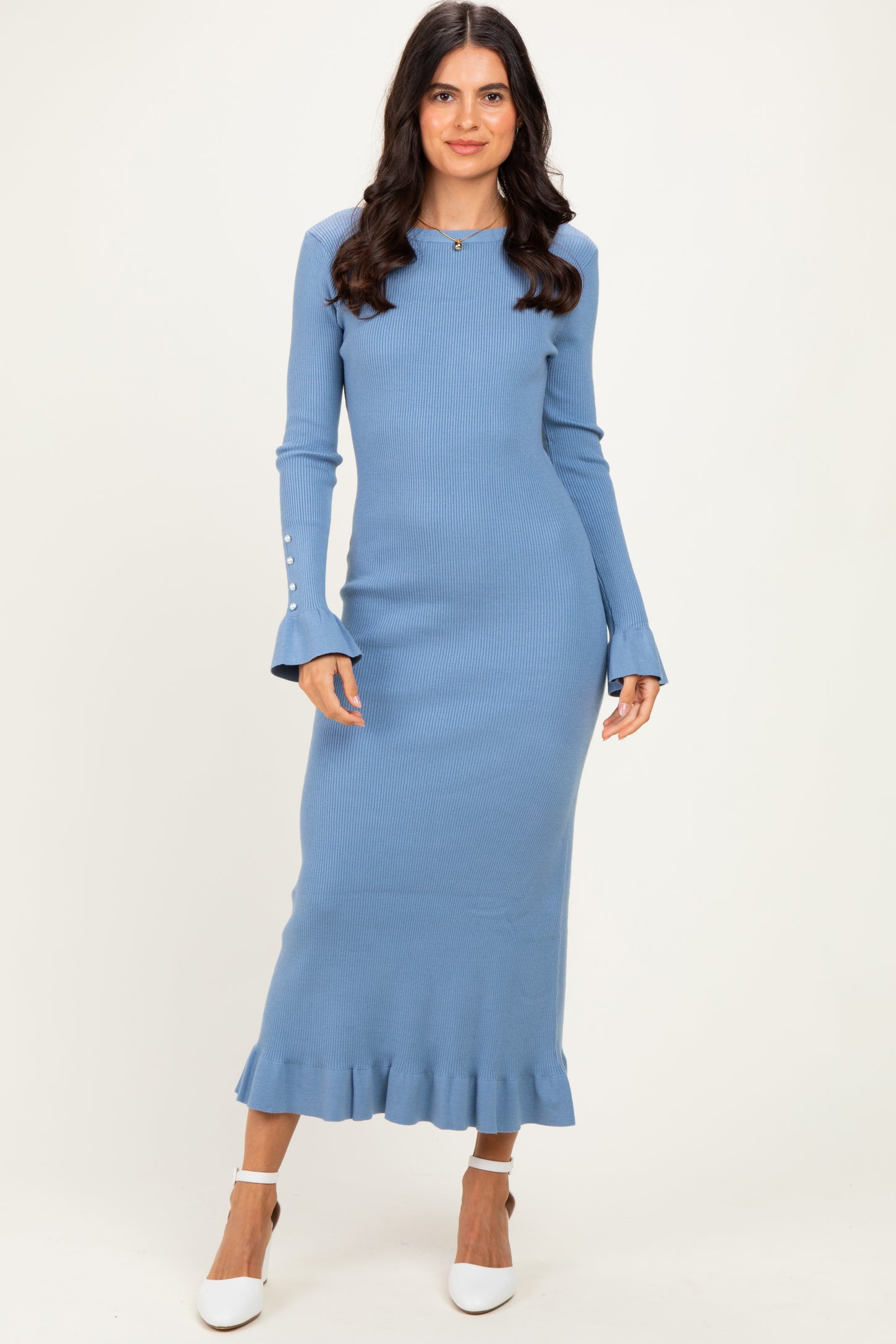 Denim Ribbed Knit Bow Back Maternity Maxi Dress