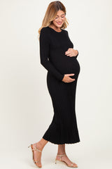 Black Ribbed Long Sleeve Maternity Sweater Midi Dress